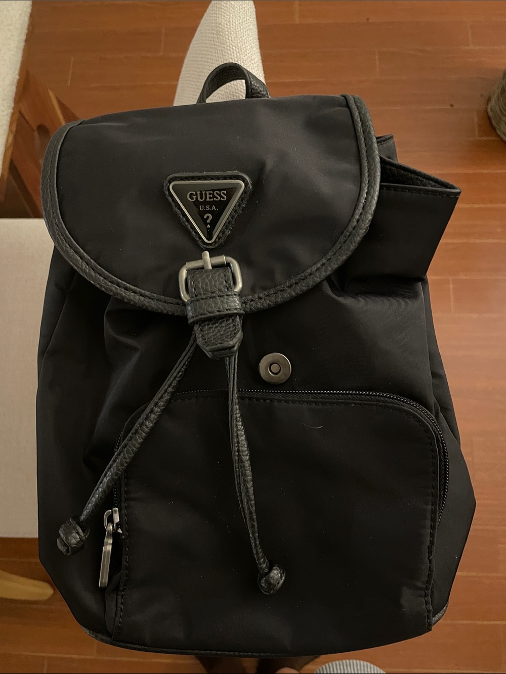 GUESS Men's Black Nylon Backpack with Flap and Drawstring